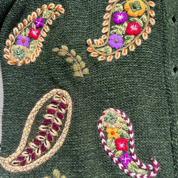 Vintage Rena Lange Cardigan Handmade Knit Embroidered Floral Paisley Fur Collar - Picture 6 of 16